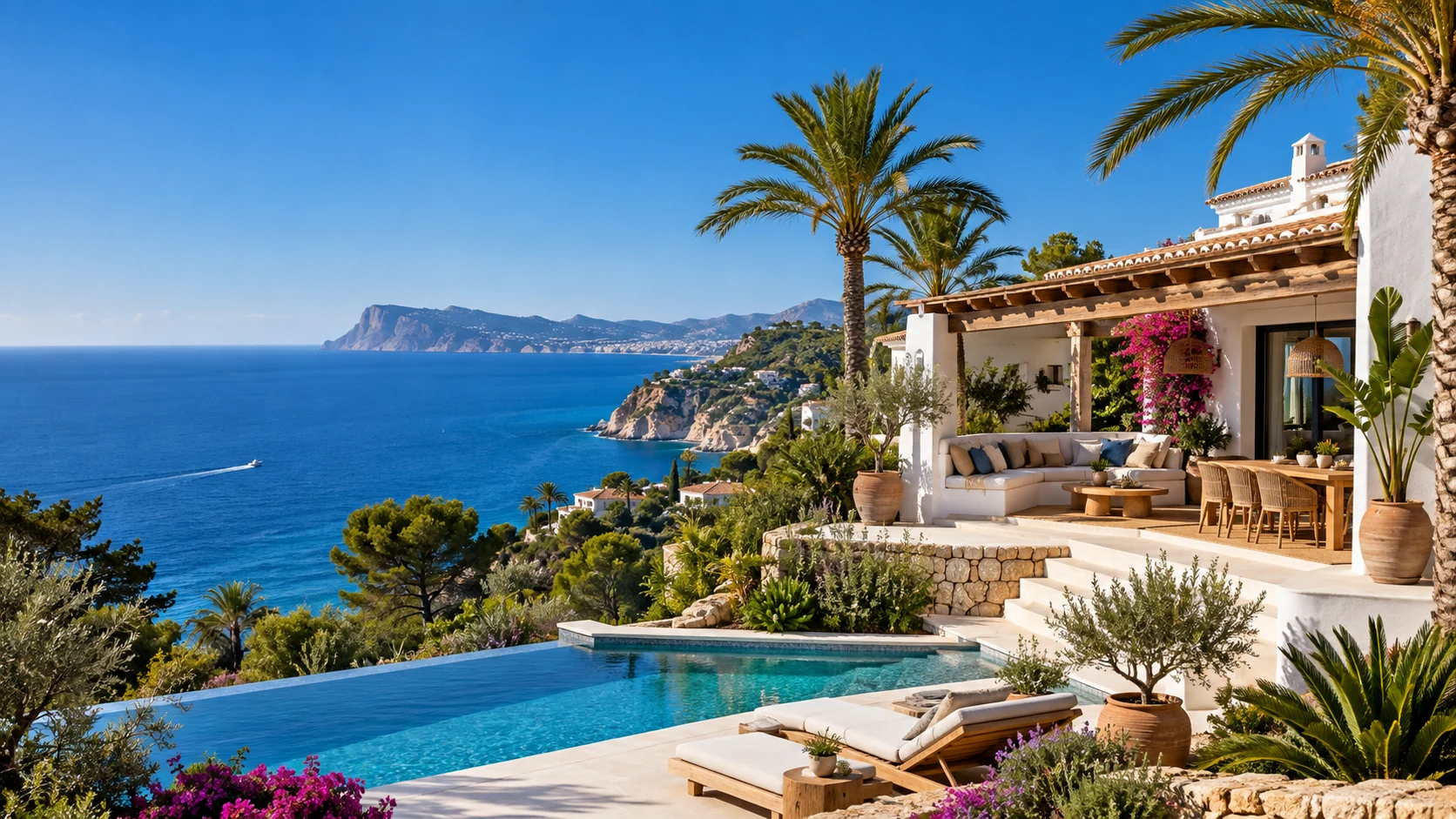 Sunlit Mediterranean villa beside the blue sea, framed by palm trees